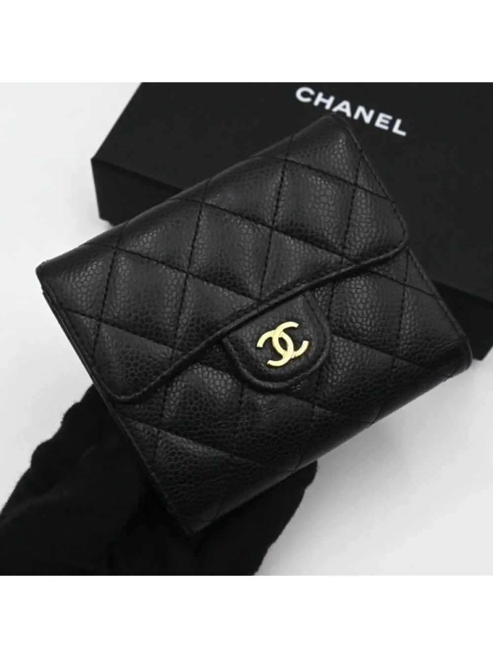 Chanel Quilted CC Logo Trifold Wallet Compact Classic Black